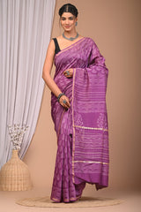 ROYAL PURPLE CHANDERI SILK SAREE WITH WHITE HANDBLOCK PRINT AND ZARI BORDER