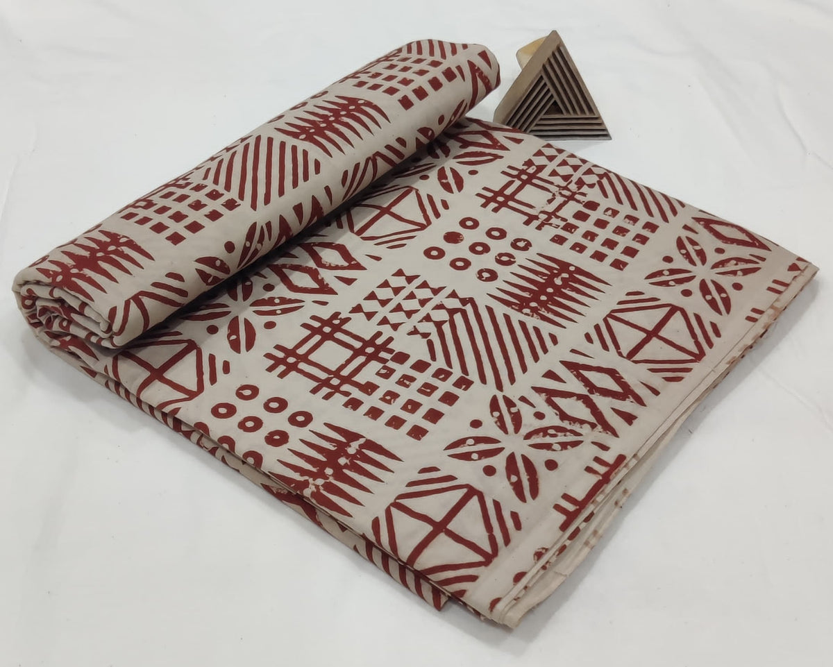 HAND BLOCK PRINTED COTTON FABRIC – TRADITIONAL RED GEOMETRIC LATTICE
