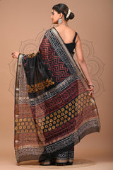 ELEGANT BLACK MAHESHWARI SILK COTTON SAREE WITH MULTICOLOR HAND BLOCK PRINT