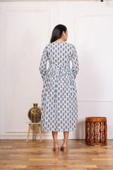 WHITE & BLUE LEAF PRINTED LONG DRESS
