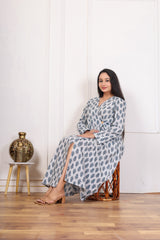 WHITE & BLUE LEAF PRINTED LONG DRESS