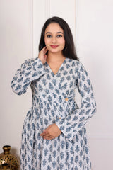 WHITE & BLUE LEAF PRINTED LONG DRESS