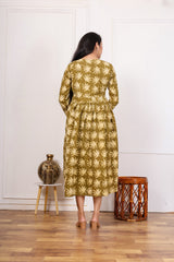 CHARMING OLIVE GREEN LEAF PRINT DRESS – EFFORTLESSLY STYLISH