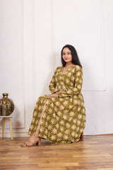 CHARMING OLIVE GREEN LEAF PRINT DRESS – EFFORTLESSLY STYLISH