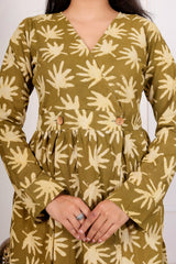 CHARMING OLIVE GREEN LEAF PRINT DRESS – EFFORTLESSLY STYLISH