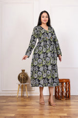 BLACK FLORAL PRINTED MIDI DRESS