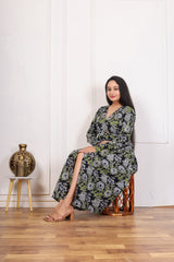 BLACK FLORAL PRINTED MIDI DRESS