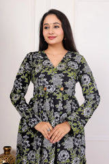 BLACK FLORAL PRINTED MIDI DRESS