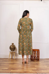 FLORAL PRINT V-NECK A-LINE DRESS IN GREEN