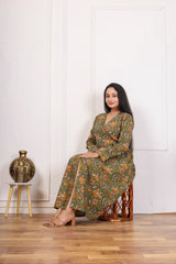 FLORAL PRINT V-NECK A-LINE DRESS IN GREEN