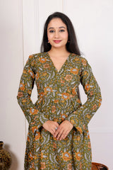 FLORAL PRINT V-NECK A-LINE DRESS IN GREEN