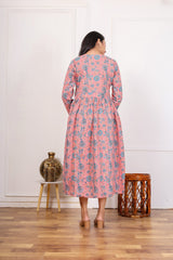 FLORAL PRINT V-NECK A-LINE DRESS IN PINK