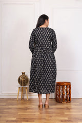 BLACK FLORAL PRINT V-NECK A-LINE DRESS WITH WAIST TIE