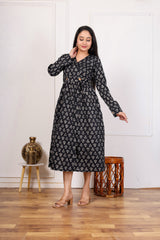 BLACK FLORAL PRINT V-NECK A-LINE DRESS WITH WAIST TIE