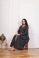 BLACK FLORAL PRINT V-NECK A-LINE DRESS WITH WAIST TIE