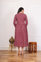 MAROON HAND BLOCK PRINTED COTTON A-LINE KURTA