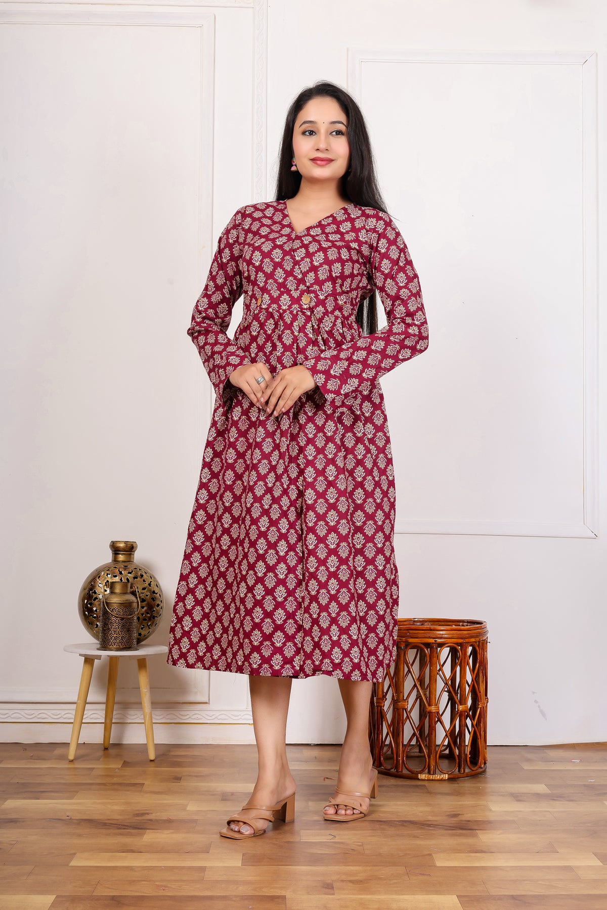 MAROON HAND BLOCK PRINTED COTTON A-LINE KURTA