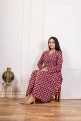 MAROON HAND BLOCK PRINTED COTTON A-LINE KURTA