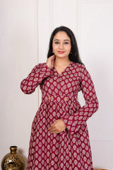MAROON HAND BLOCK PRINTED COTTON A-LINE KURTA