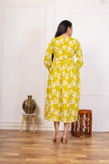 YELLOW FLORAL HAND BLOCK PRINTED COTTON A-LINE KURTA