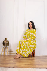YELLOW FLORAL HAND BLOCK PRINTED COTTON A-LINE KURTA