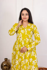 YELLOW FLORAL HAND BLOCK PRINTED COTTON A-LINE KURTA