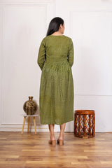 OLIVE GREEN PRINTED MIDI DRESS