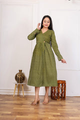 OLIVE GREEN PRINTED MIDI DRESS