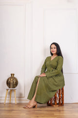 OLIVE GREEN PRINTED MIDI DRESS