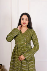 OLIVE GREEN PRINTED MIDI DRESS