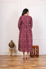 MAROON FLORAL PRINTED MIDI DRESS