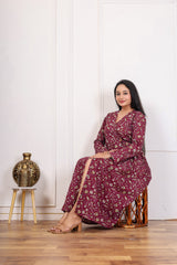 MAROON FLORAL PRINTED MIDI DRESS