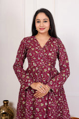 MAROON FLORAL PRINTED MIDI DRESS