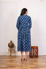 INDIGO BLUE PRINTED MIDI DRESS