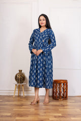 INDIGO BLUE PRINTED MIDI DRESS