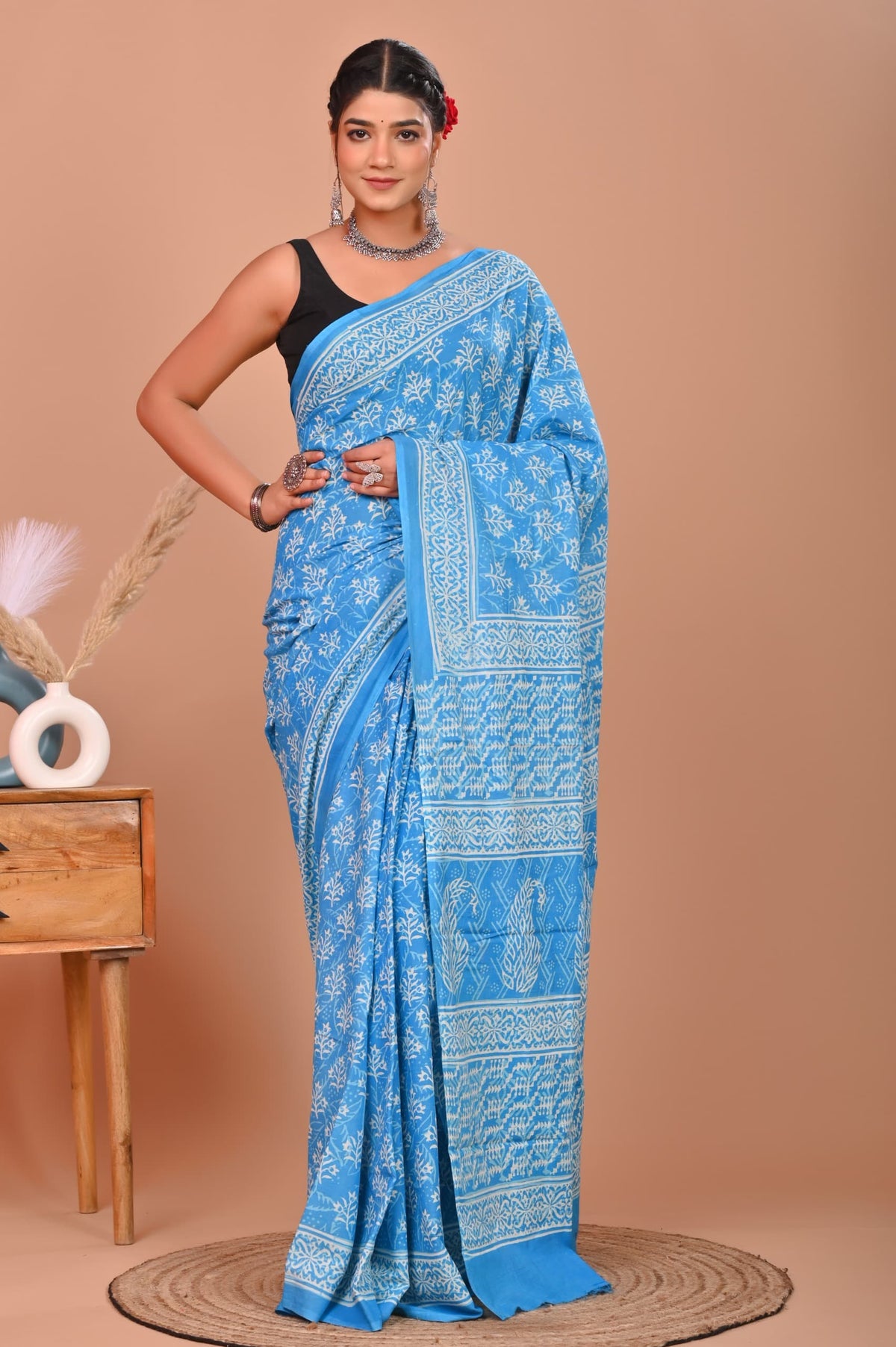 ELEGANT SKY BLUE HANDBLOCK PRINTED COTTON SAREE