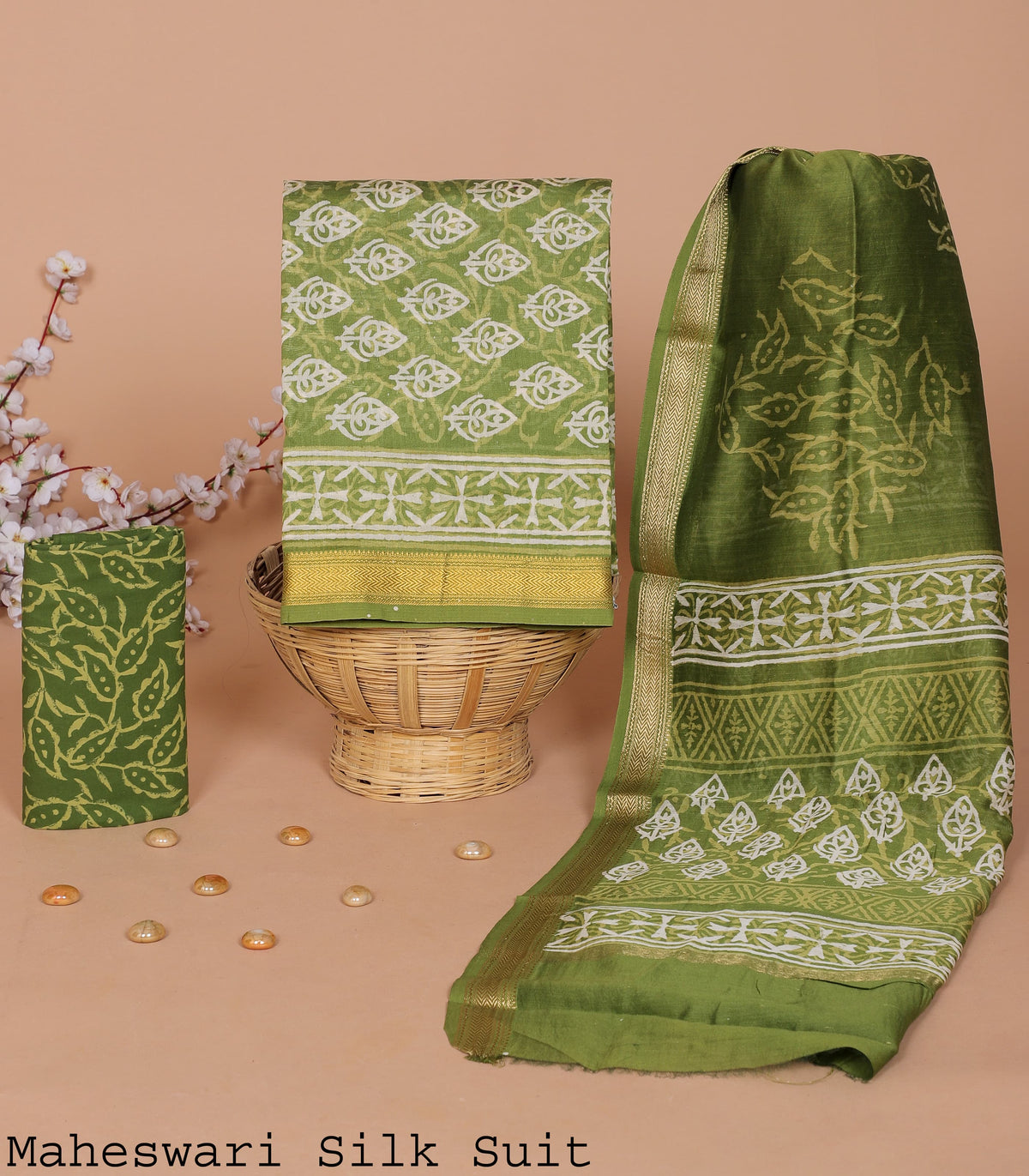 MAHESWARI SILK SUIT – FRESH OLIVE GREEN WITH TRADITIONAL ELEGANCE