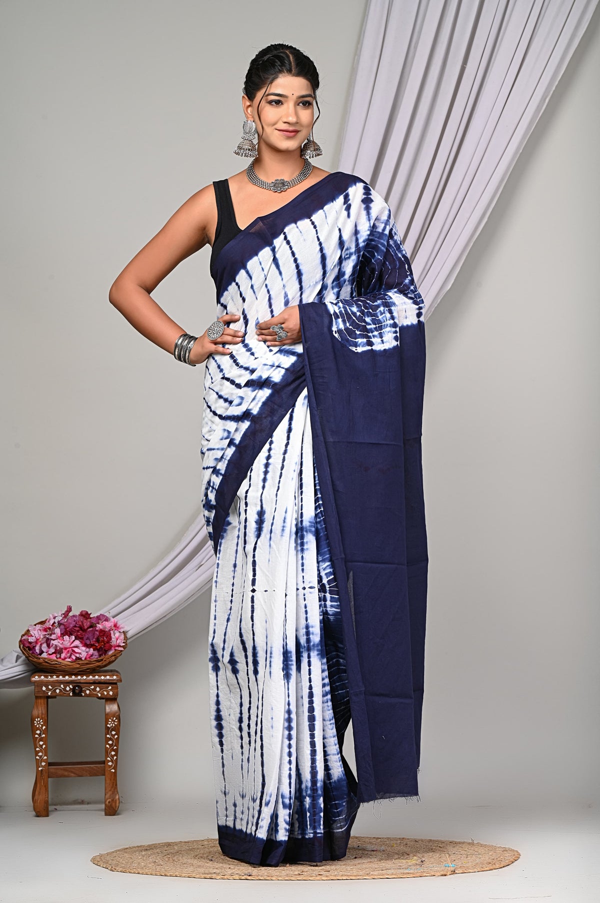 BLUE & WHITE SHIBORI TIE-DYE COTTON SAREE