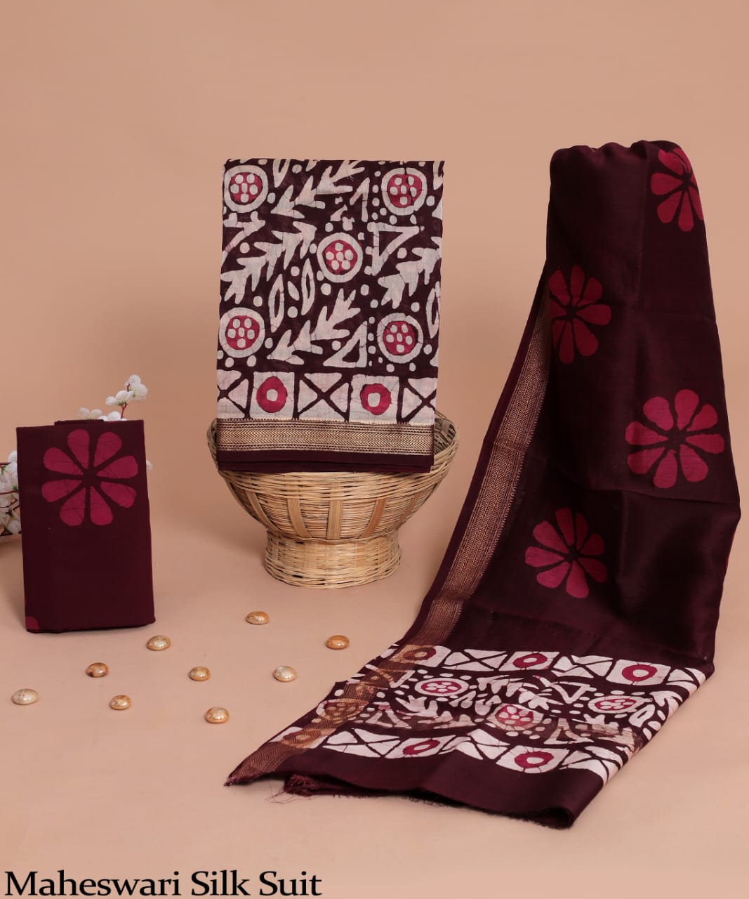 MAHESWARI SILK SUIT – DEEP MAROON WITH FLORAL ACCENTS