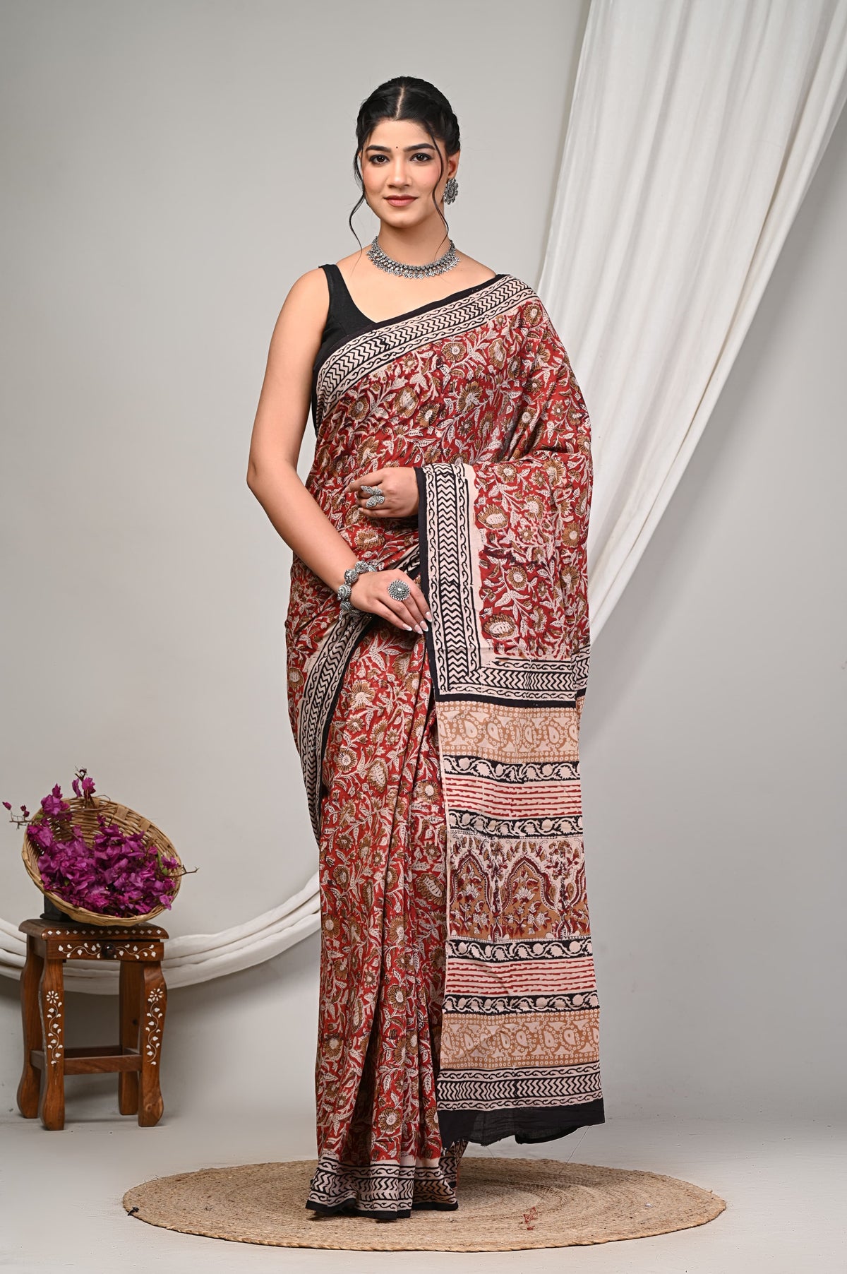 MAROON & BEIGE HANDBLOCK PRINT COTTON SAREE