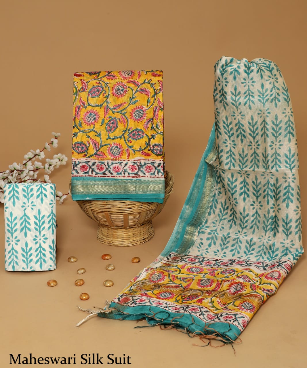 MAHESWARI SILK SUIT – SUNSHINE YELLOW & TURQUOISE DELIGHT