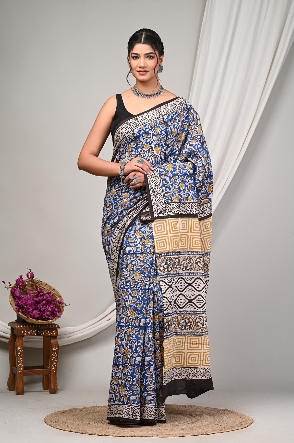 BLUE & MUSTARD HANDBLOCK PRINTED COTTON SAREE