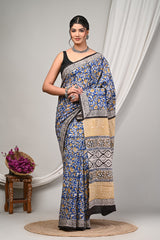 BLUE & MUSTARD HANDBLOCK PRINTED COTTON SAREE