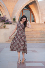 Women's Maroon & Beige Block Print Knee-Length One-Piece