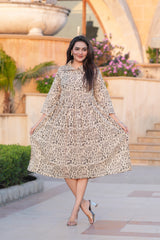 Women's Beige & Black Tribal Art Print Knee-Length Dress