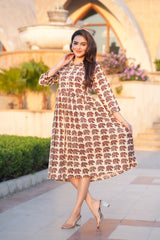 Jaipuri Elephant Block Print Cotton One-Piece Dress with Collar