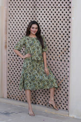 Women's Sage Green Kalamkari Style Top & Skirt Set