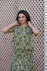 Women's Sage Green Kalamkari Style Top & Skirt Set