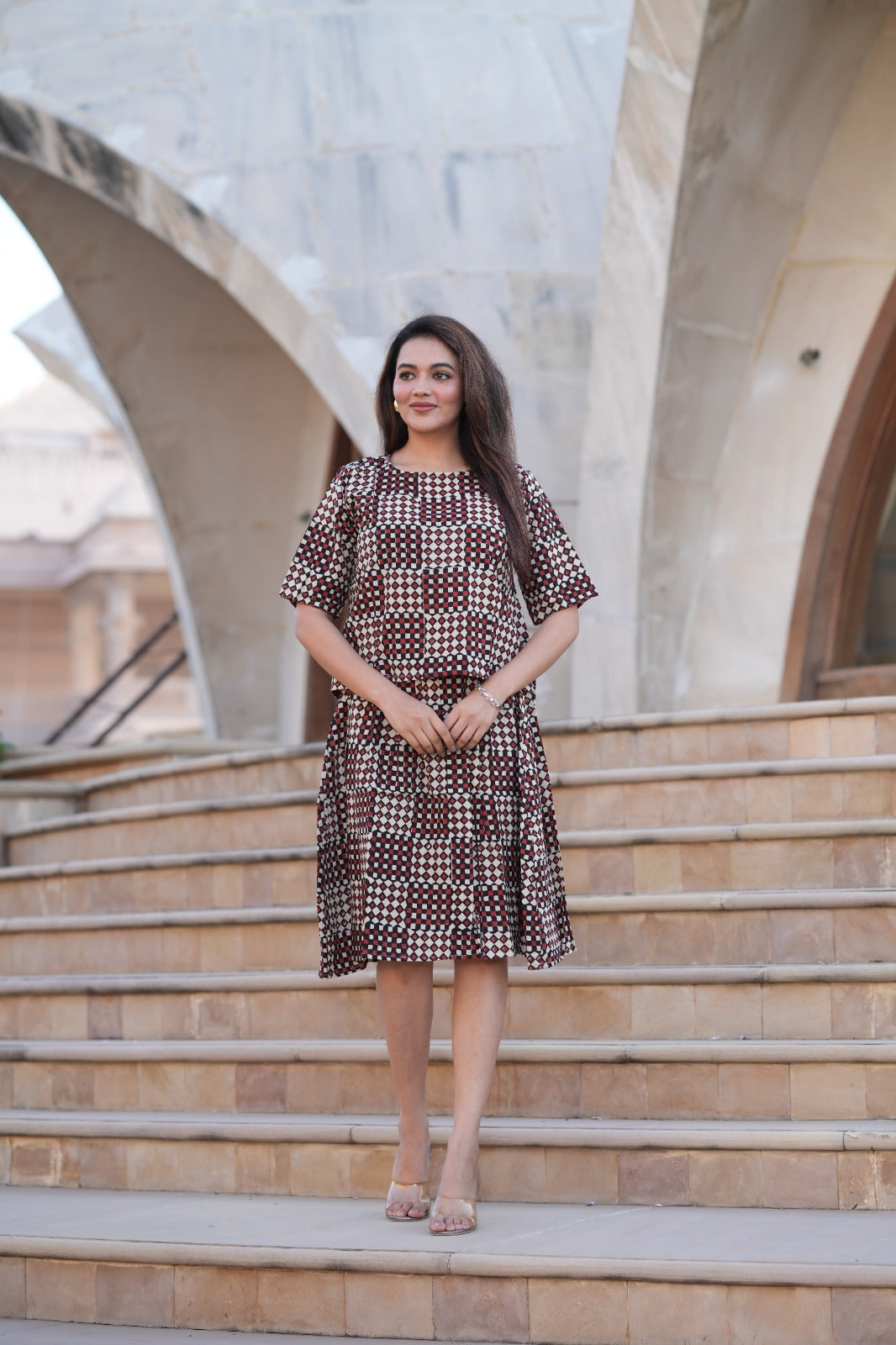 Women's Black & Beige Block Print Top & Skirt Set