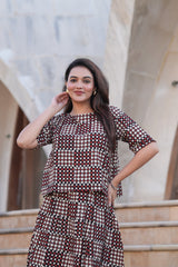 Women's Black & Beige Block Print Top & Skirt Set
